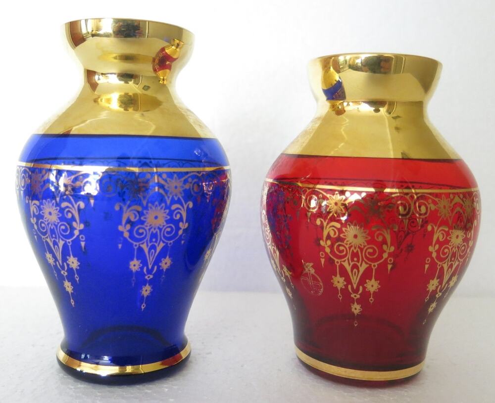 Vintage Vecchia Murano Vase Set Ruby Red/Cobalt Blue Gold Gilt Floral Italy